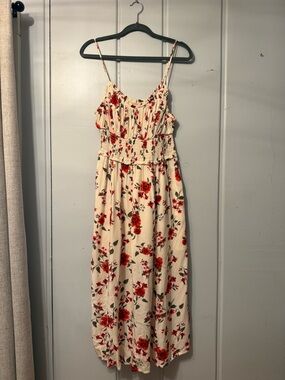 Old Navy Cream Midi Dress with Red Floral Print